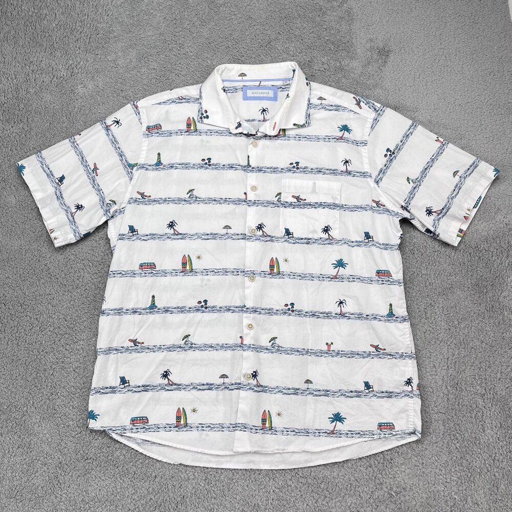 Alex‎ Cannon Button Up Mens XXL White Beach Surf Print Short Sleeve Cotton Shirt